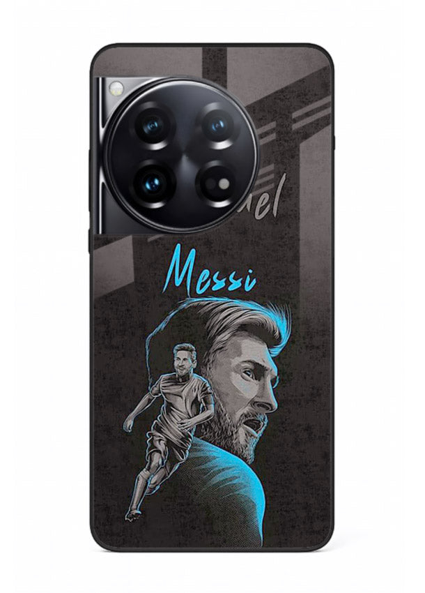 Lionel Messi portrait artwork printed on glossy tempered glass OnePlus 12 back cover