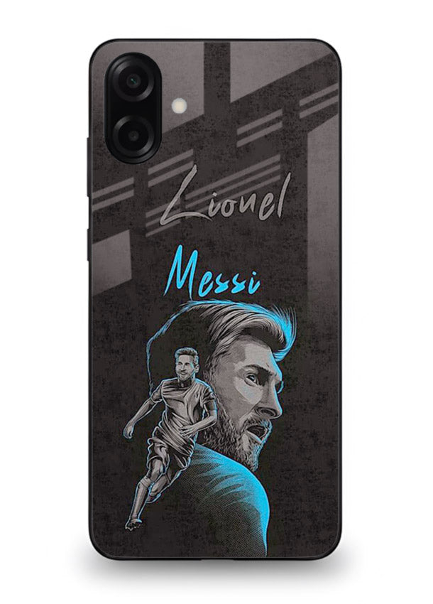 Lionel Messi portrait artwork printed on glossy tempered glass Samsung A06 5G back cover
