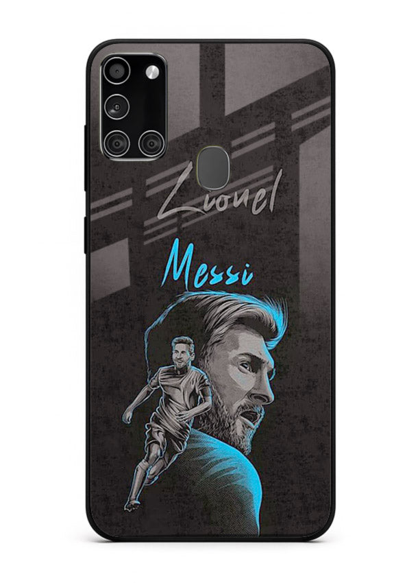 Lionel Messi portrait artwork printed on glossy tempered glass Samsung A21s back cover