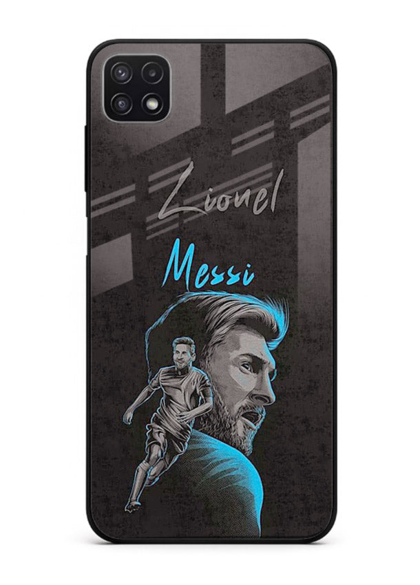 Lionel Messi portrait artwork printed on glossy tempered glass Samsung A22 5G back cover