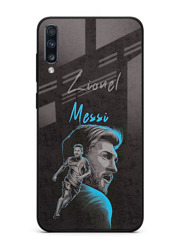 Lionel Messi portrait artwork printed on glossy tempered glass Samsung A50 back cover