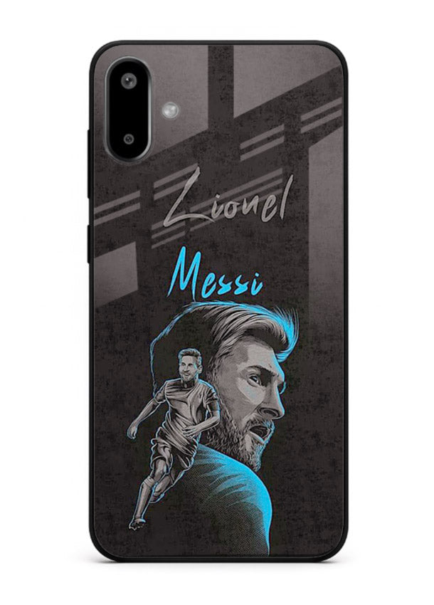 Lionel Messi portrait artwork printed on glossy tempered glass Samsung F06 5G back cover