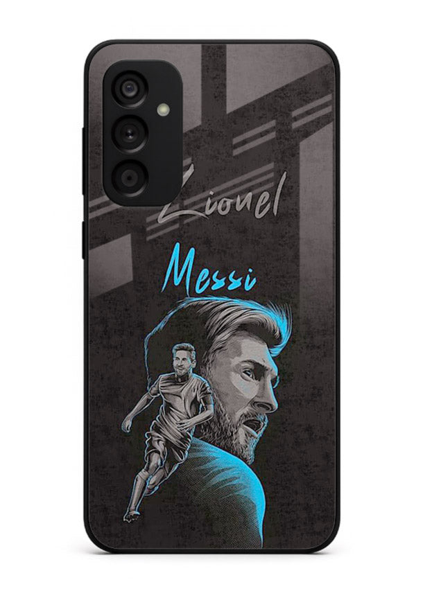 Lionel Messi portrait artwork printed on glossy tempered glass Samsung A04s 5G back cover