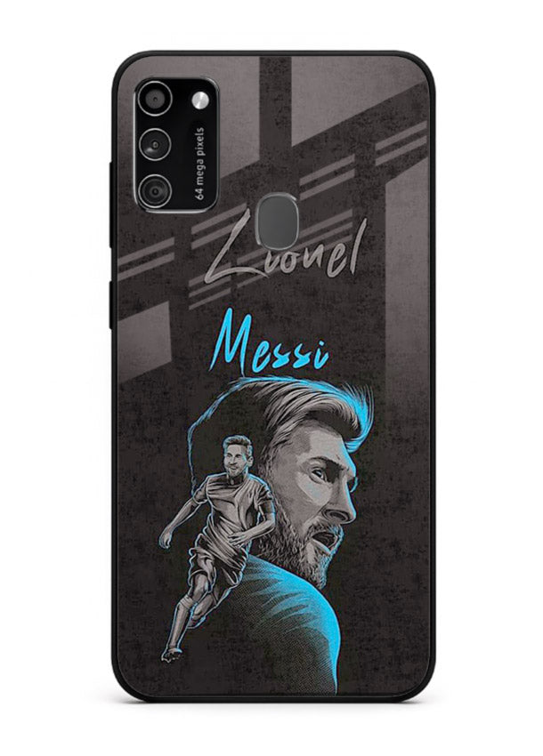 Lionel Messi portrait artwork printed on glossy tempered glass Samsung M21 back cover