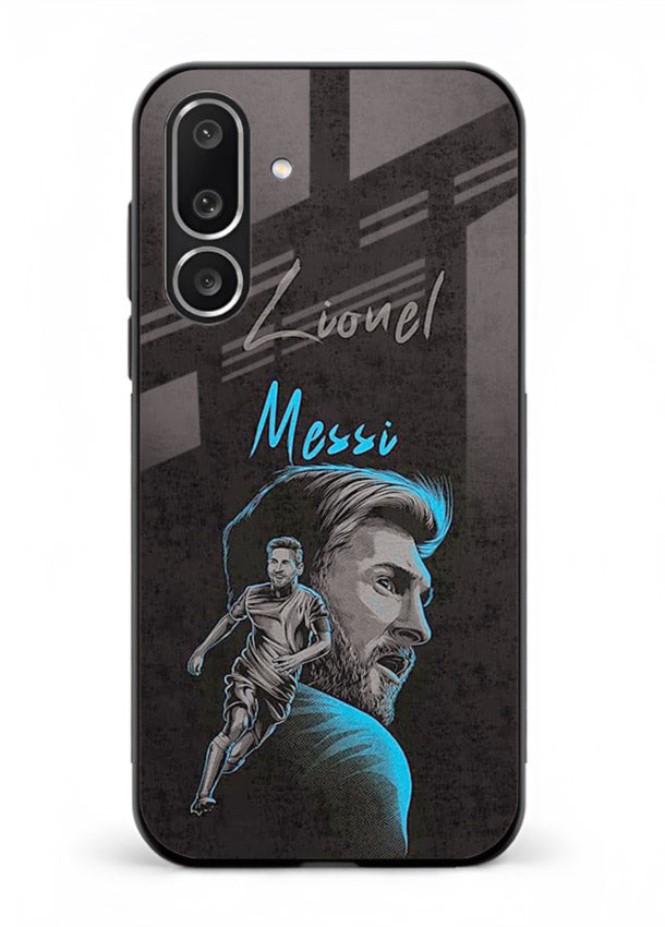 Lionel Messi portrait artwork printed on glossy tempered glass Samsung F56 5G back cover