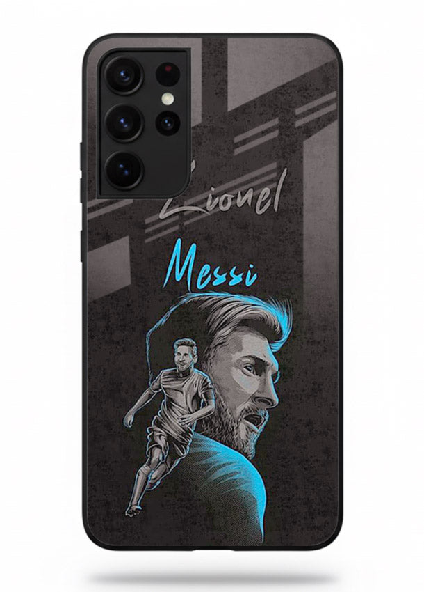 Lionel Messi portrait artwork printed on glossy tempered glass Samsung S21 Ultra back cover
