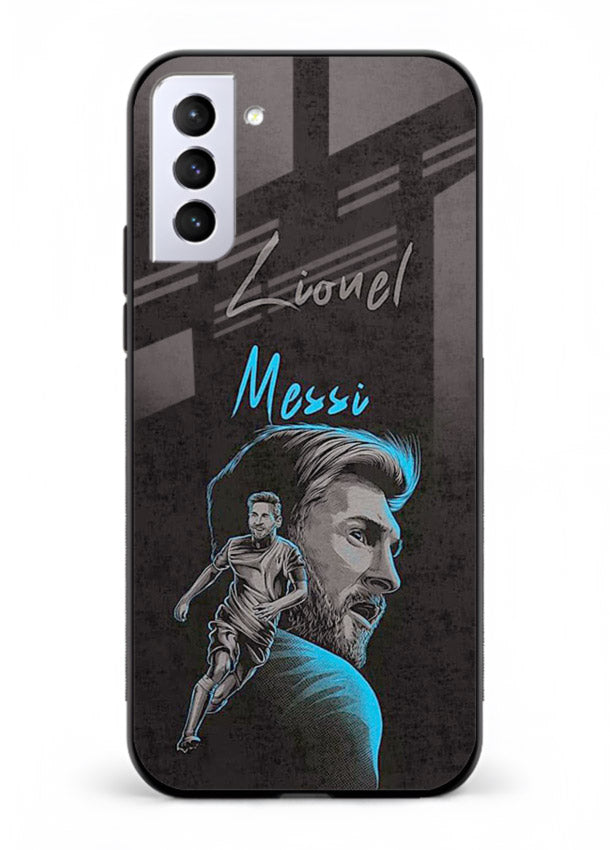 Lionel Messi portrait artwork printed on glossy tempered glass Samsung S21 FE back cover