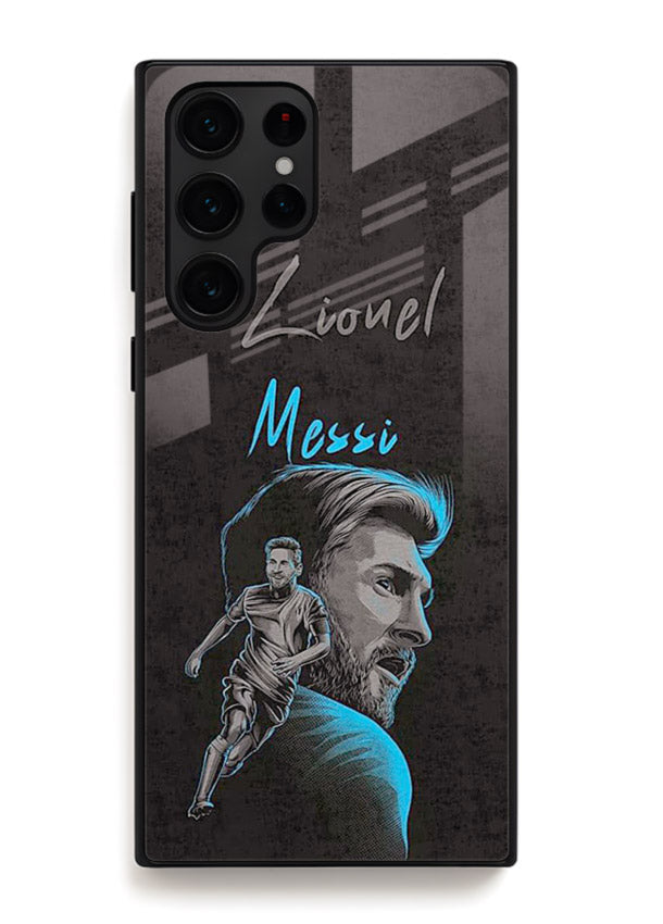 Lionel Messi portrait artwork printed on glossy tempered glass Samsung S23 Ultra back cover