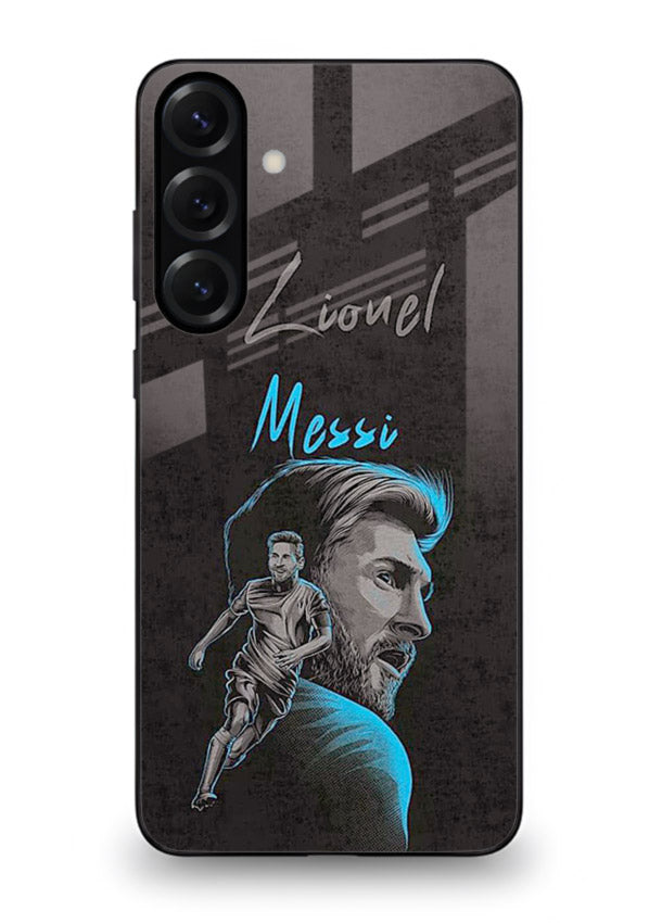 Lionel Messi portrait artwork printed on glossy tempered glass Samsung S24 FE back cover
