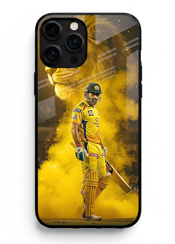 Golden lion and cricketer artwork on glossy tempered glass iPhone 13 Pro Max back cover