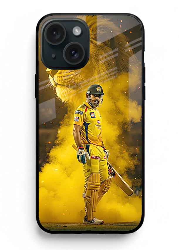 Golden lion and cricketer artwork on glossy tempered glass iPhone 14 Plus back cover