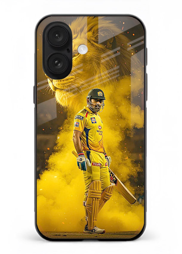 Golden lion and cricketer artwork on glossy tempered glass iPhone 16 Plus back cover