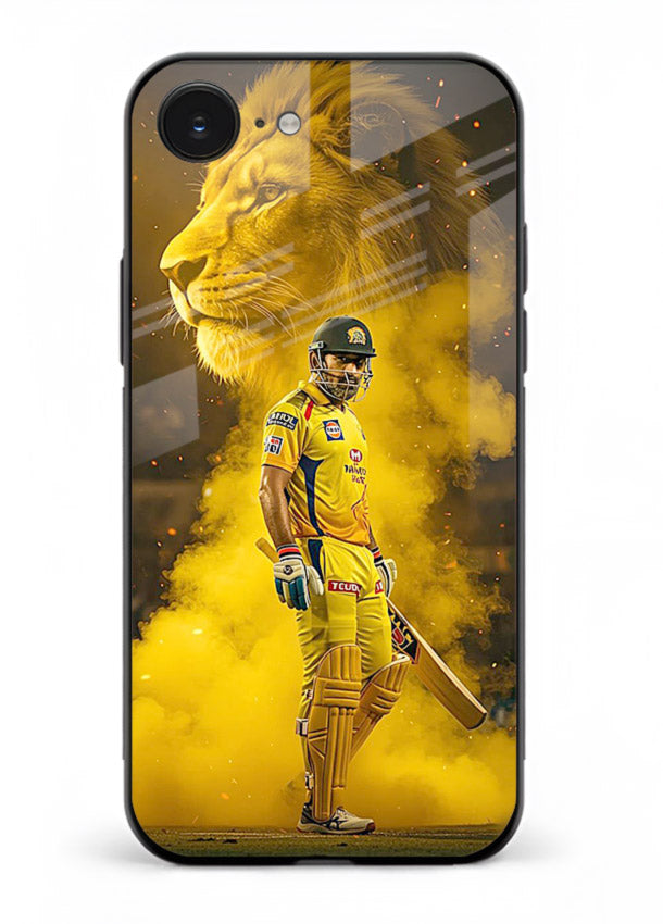 Golden lion and cricketer artwork on glossy tempered glass iPhone 16E back cover