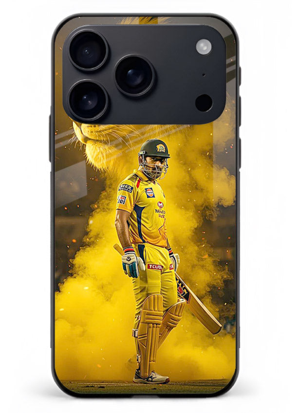 Golden lion and cricketer artwork on glossy tempered glass iPhone 18 Pro Max back cover