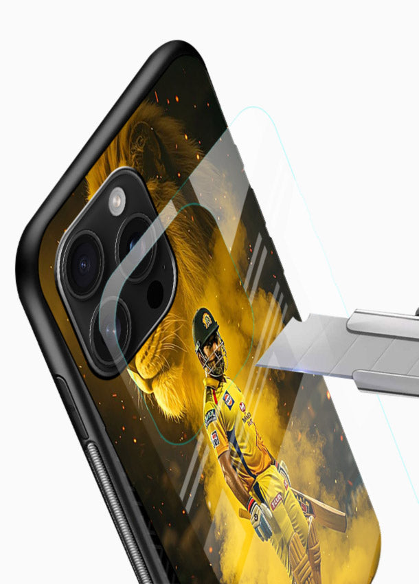 Golden lion and cricketer artwork on glossy tempered glass mobile cover - 4