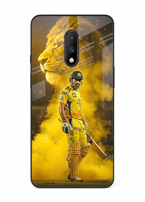 Golden lion and cricketer artwork on glossy tempered glass OnePlus 7 back cover