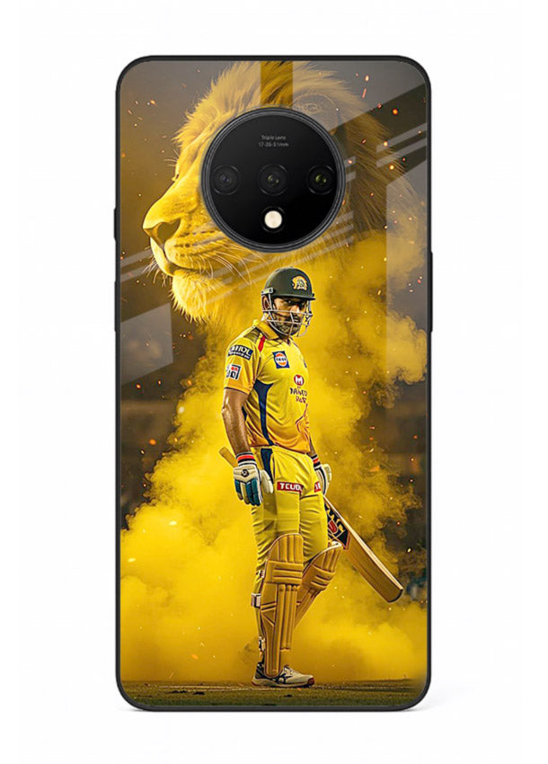 Golden lion and cricketer artwork on glossy tempered glass OnePlus 7T back cover