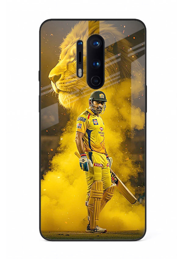 Golden lion and cricketer artwork on glossy tempered glass OnePlus 8 Pro back cover