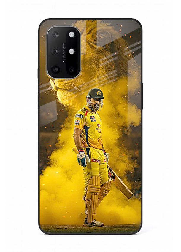 Golden lion and cricketer artwork on glossy tempered glass OnePlus 8T back cover