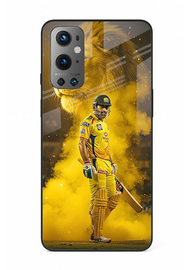 Golden lion and cricketer artwork on glossy tempered glass OnePlus 9 back cover