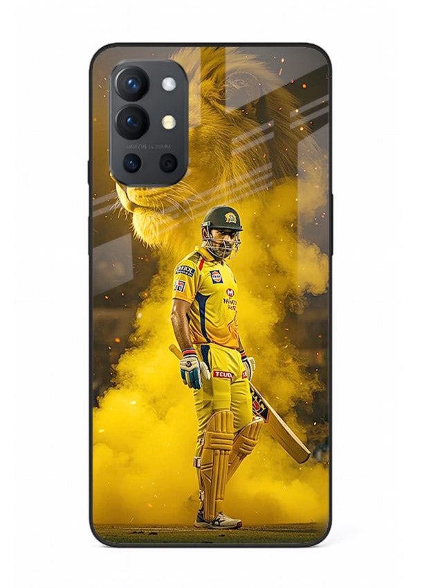 Golden lion and cricketer artwork on glossy tempered glass OnePlus 9R back cover