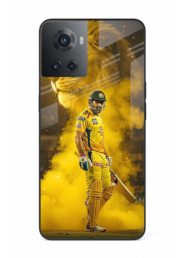 Golden lion and cricketer artwork on glossy tempered glass OnePlus 10R back cover