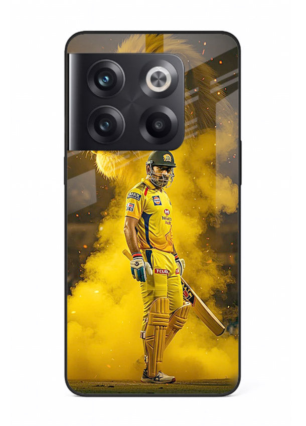 Golden lion and cricketer artwork on glossy tempered glass OnePlus 10T back cover