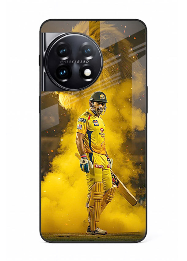 Golden lion and cricketer artwork on glossy tempered glass OnePlus 11 back cover