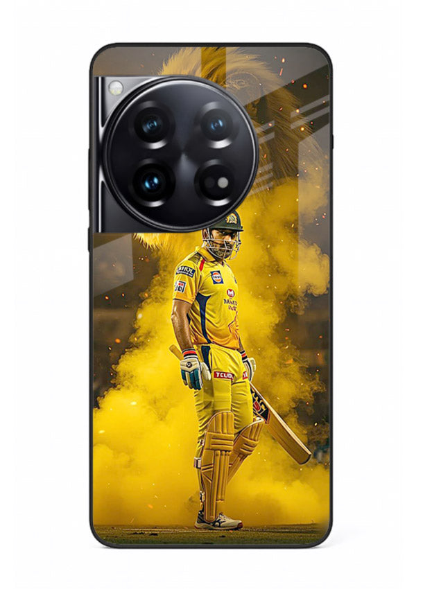 Golden lion and cricketer artwork on glossy tempered glass OnePlus 12 back cover