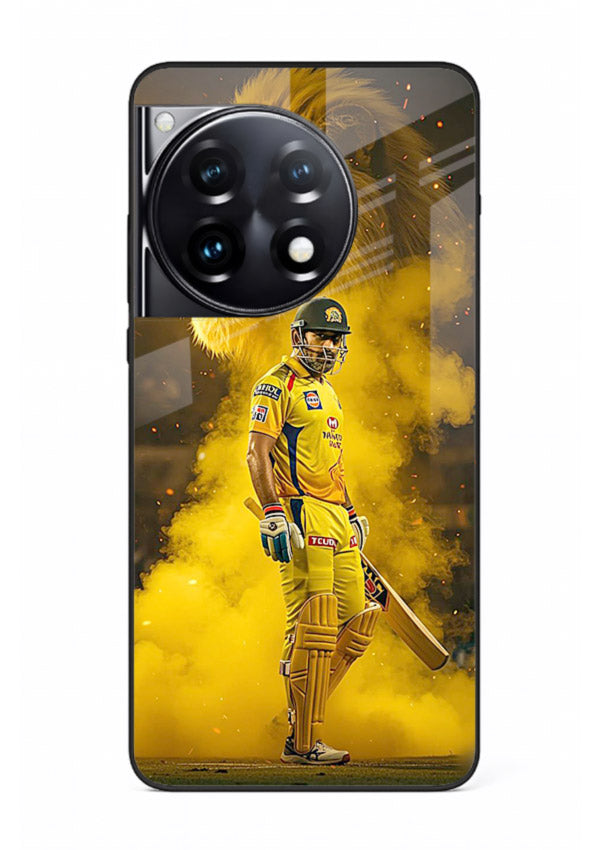 Golden lion and cricketer artwork on glossy tempered glass OnePlus 12R back cover