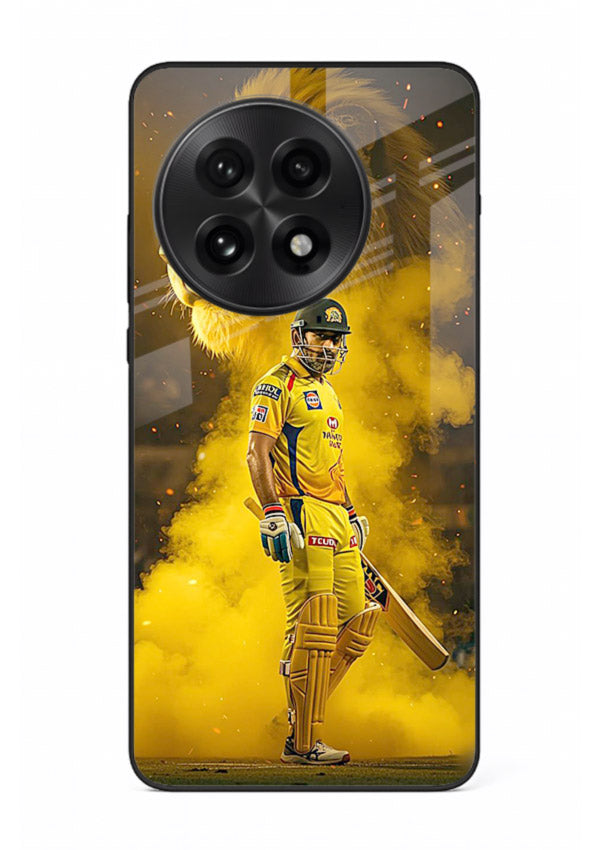 Golden lion and cricketer artwork on glossy tempered glass OnePlus 13R back cover