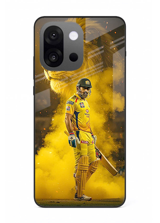 Golden lion and cricketer artwork on glossy tempered glass OnePlus 13s back cover