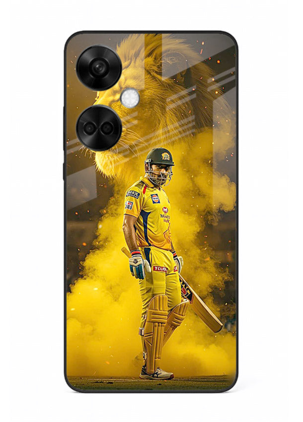 Golden lion and cricketer artwork on glossy tempered glass OnePlus Nord CE3 back cover