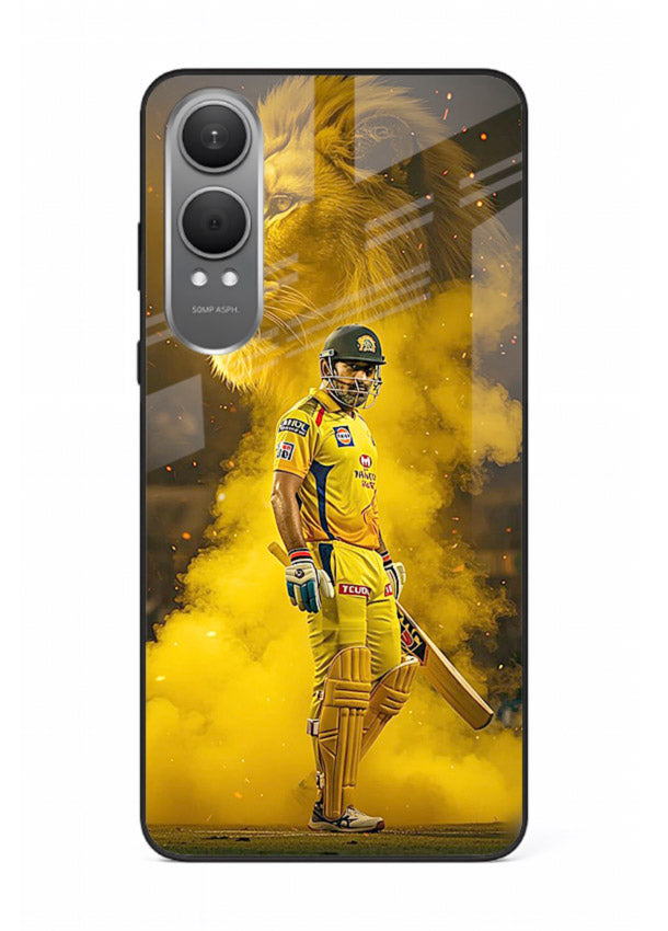 Golden lion and cricketer artwork on glossy tempered glass OnePlus Nord CE4 Lite back cover