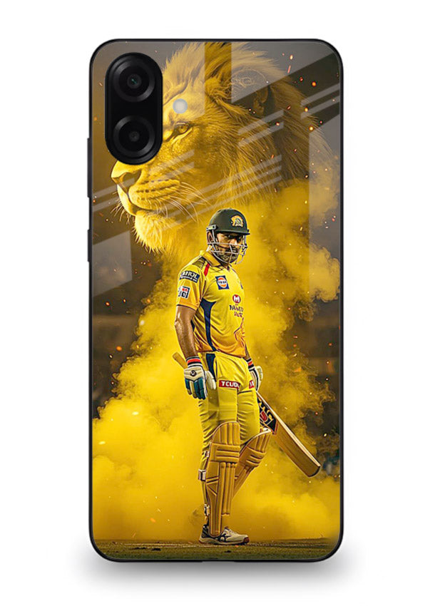 Golden lion and cricketer artwork on glossy tempered glass Samsung M13 5G back cover
