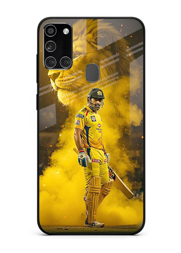 Golden lion and cricketer artwork on glossy tempered glass Samsung A21s back cover
