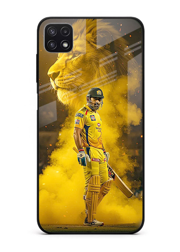 Golden lion and cricketer artwork on glossy tempered glass Samsung F42 5G back cover