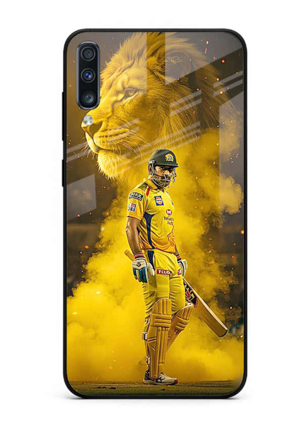 Golden lion and cricketer artwork on glossy tempered glass Samsung A50 back cover