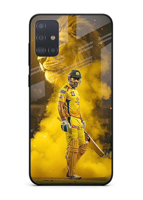 Golden lion and cricketer artwork on glossy tempered glass Samsung A71 back cover