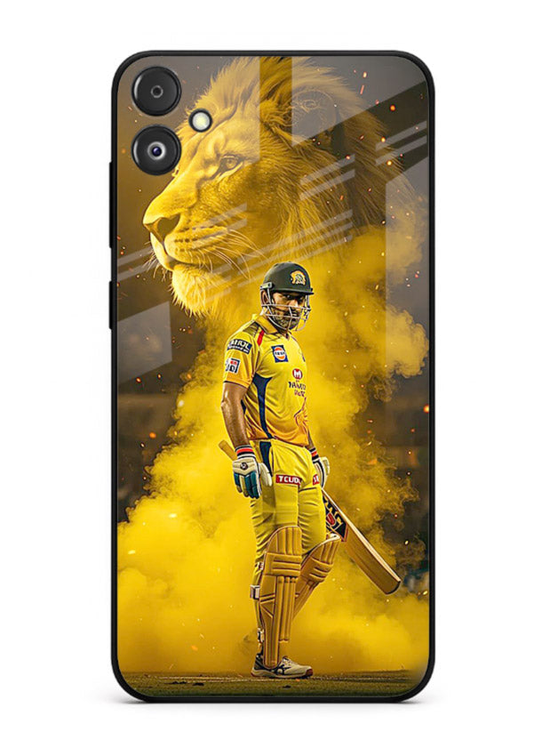 Golden lion and cricketer artwork on glossy tempered glass Samsung F05 5G back cover