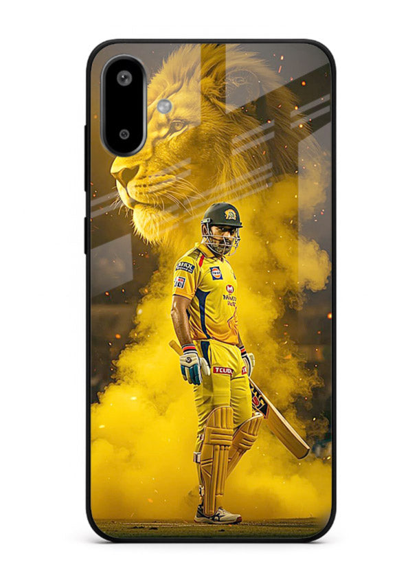 Golden lion and cricketer artwork on glossy tempered glass Samsung F06 5G back cover