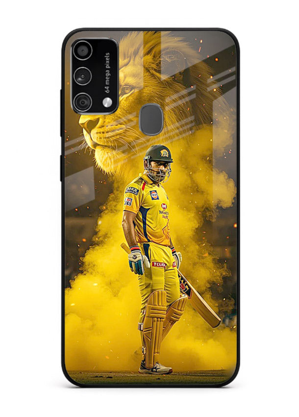 Golden lion and cricketer artwork on glossy tempered glass Samsung F41 back cover