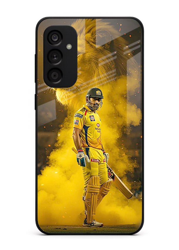 Golden lion and cricketer artwork on glossy tempered glass Samsung A04s 5G back cover