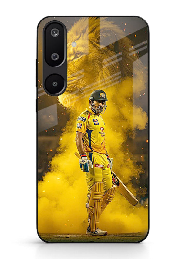 Golden lion and cricketer artwork on glossy tempered glass Samsung M16 5G back cover