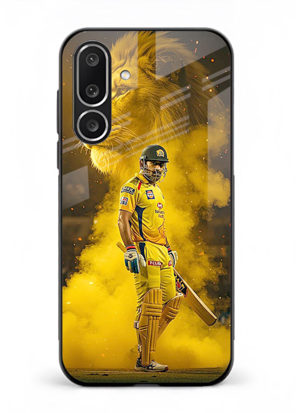 Golden lion and cricketer artwork on glossy tempered glass Samsung F56 5G back cover