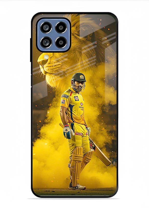 Golden lion and cricketer artwork on glossy tempered glass Samsung F12 5G back cover