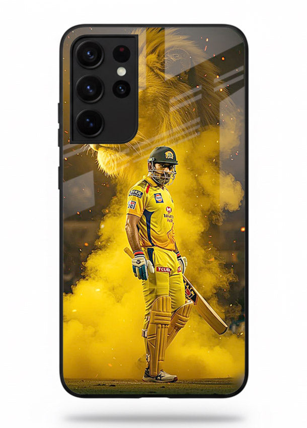 Golden lion and cricketer artwork on glossy tempered glass Samsung S21 Ultra back cover