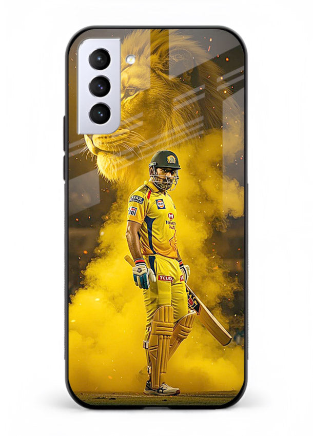 Golden lion and cricketer artwork on glossy tempered glass Samsung S21 FE back cover