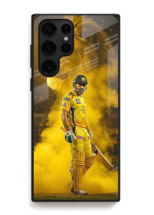 Golden lion and cricketer artwork on glossy tempered glass Samsung S25 Ultra back cover
