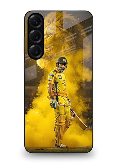 Golden lion and cricketer artwork on glossy tempered glass Samsung A35 5G back cover